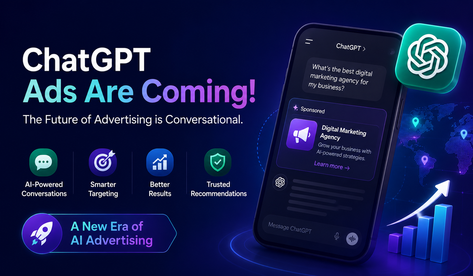 ChatGPT Ads launch banner by OpenAI for AI advertising platform