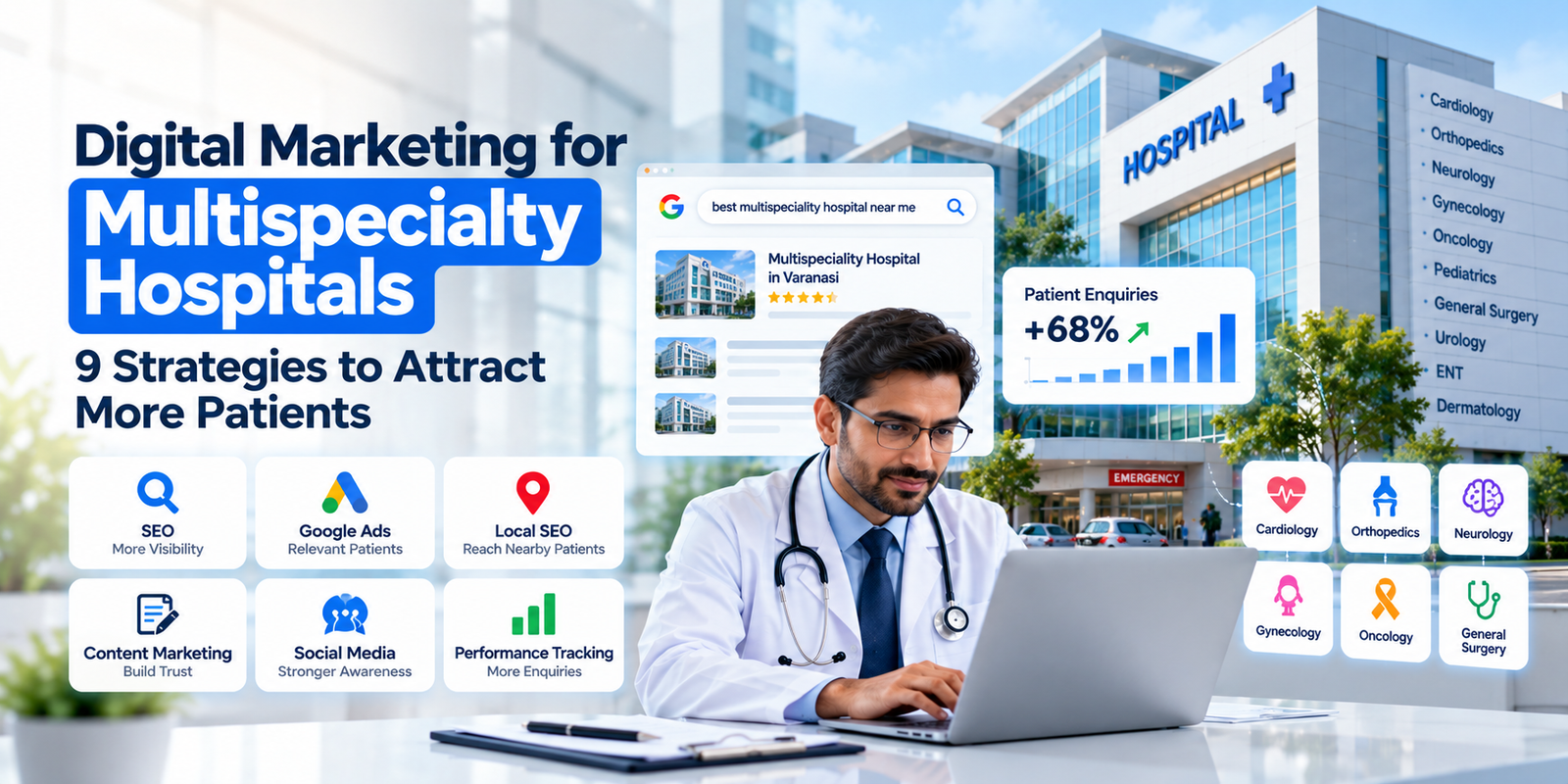 Multispecialty hospital digital marketing featuring department-wise SEO, Google Ads, local search and patient enquiry strategies.