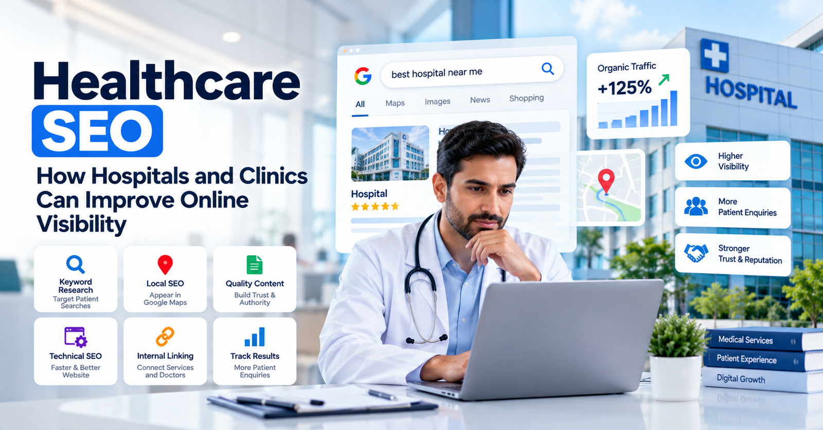 Healthcare SEO strategies for hospitals and clinics, including local SEO, keyword research, technical SEO and content optimization.