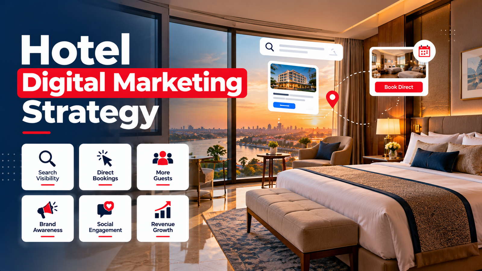 Hotel digital marketing strategy featuring direct bookings, Google Ads, SEO, room revenue and guest acquisition planning.