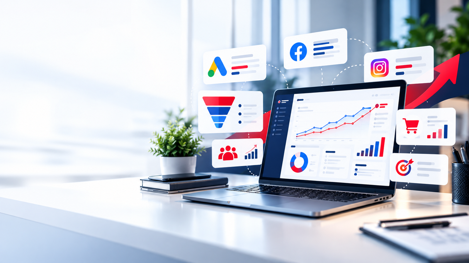 Performance marketing strategy with paid advertising platforms, conversion funnel and analytics dashboard